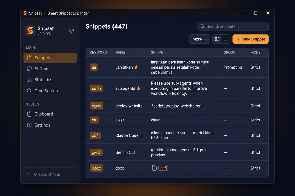 Snipset desktop application interface showing the snippet management view with sidebar navigation, snippet list, and editing area